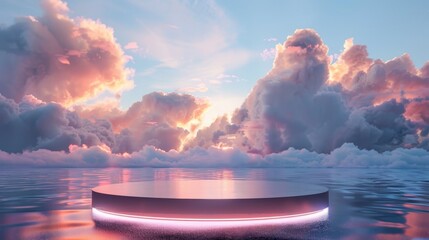 Poster - Beautiful 4K backdrop with dreamy clouds, neon light background, and romantic 3D seascape.