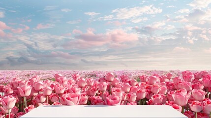 Poster - This 3D rendering shows a spring rose flower field scene as a podium backdrop.