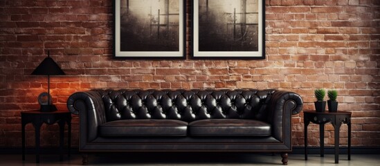 Wall Mural - Black leather couch against brick wall