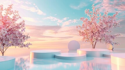 Poster - A natural beauty podium backdrop with a dreamy sky background. A romantic 3D scene.