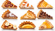 Set of pieces of different tasty pies on white background