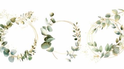 Sticker - Gold wedding frame elements on white background with polygons, circles, glitter, eucalyptus leaves, and leaf branches. Elegant foliage design for weddings, cards, invitations, and greetings.