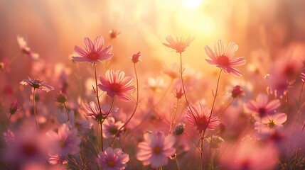 Wall Mural - Pastel Sunrise Wildflowers, generative ai