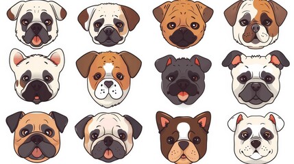 Sticker - A cute and joyful set of cartoon dog heads doodle moderns. Cartoon dog faces with flat colors isolated on a white background. Illustration for stickers, comics, and prints.