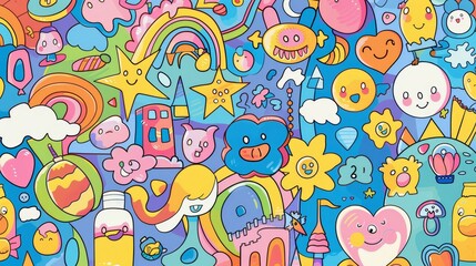 Aufkleber - Modern collection of 70s groovy elements including cartoon characters, doodle smiley face, flower, castle, rainbow, egg, heart, basketball, bottle. Cute retro groovy hippie design for decorative or