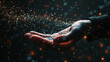 Close up of open hand with magic particles, black background, dark fantasy, low light, glow effect, magical effects
