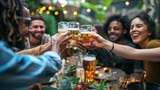 Fototapeta Fototapeta Londyn - Diverse young people sitting at bar table toasting beer glasses in brewery pub garden - Happy hour, lunch break and youth concept
