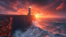 Dramatic Sunset At Irish Sea Coastline, Generative Ai