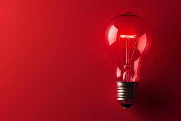 Wall Mural - Glowing light bulb on red background. The concept of emerging idea. With copy space