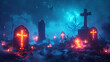 Spooky glowing tombstones, graveyard at night, wide text area, background clean, ethereal