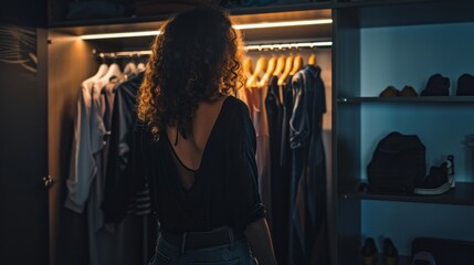 Wall Mural - A woman is standing in a dark room with a closet full of clothes