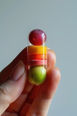Wall Mural - Fingers holding a mini pill inside with fruits on white soft background, Vitamins supplements