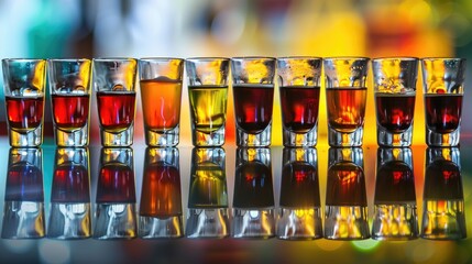 Poster - Alcoholic beverages served in shot glasses reflecting on a mirrored surface