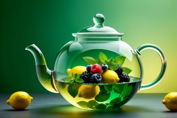 Poster - fruit tea with berries and lemon in a glass teapot on a green background