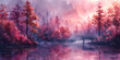 Tranquil Lake Edge: An Enchanting Pink-Violet Forest Scene