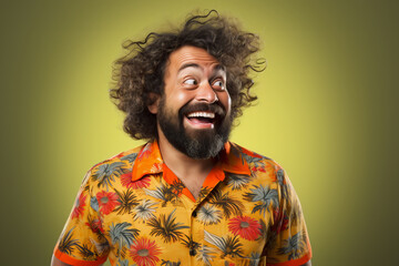 Wall Mural - Joyous Man with Wild Curly Hair in a Vibrant Tropical Shirt Against a Lime Background
