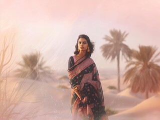 Wall Mural - a beautiful Indian girl in a sari in full growth looks at the camera against the backdrop of a desert with trees