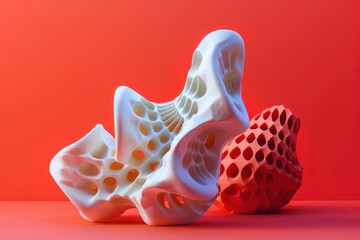 Wall Mural - Abstract 3D printed objects on red, ideal for technology and design visuals, 3D printed object in unusual, impossible shapes., background with copy space