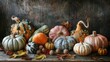 Harvesting a variety of pumpkins and squashes in a charming autumn setting with decorative and edible produce nuts and leaves on a vintage wooden background