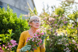 Fototapeta Na drzwi - Happy senior woman enjoys in  the smell of flowers in her garden.
