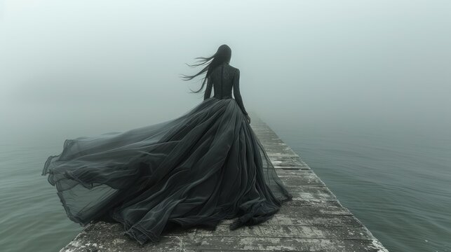 A woman in a long black dress is standing on a pier in the fog