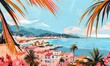 A vibrant gouache illustration of the French Riviera, with pastel pink and orange tones,Generative AI 