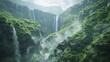 A photorealistic 3D rendering of a majestic waterfall cascading down a lush green mountainside, surrounded by mist.