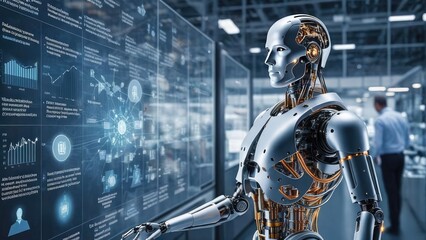 Poster - A robot is standing in front of a computer monitor with a lot of data on it. The robot is interacting with the data, possibly making decisions or analyzing it. Concept of technology and intelligence