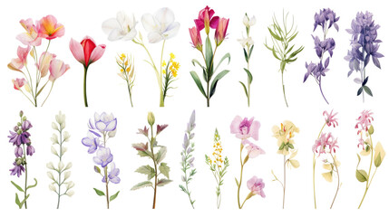 Wall Mural - set of watercolor wildflowers painting isolated on clear png background and transparent background. 