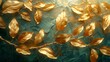 A luxurious gold decoration art wallpaper featuring golden leaves, plants and bamboo of curvature of the line, along with a green background.