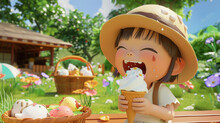 A 3D-rendered Image Capturing The Chibi Character Laughing As It Tries To Lick An Ice Cream Cone Before It Melts, Playfully Struggling With The Dripping Treat