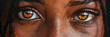 Close-up view of a womans face showing vivid yellow eyes, highlighting the unique eye color of the subject