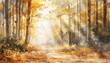 watercolor illustration background capturing the gentle sunlight filtering through the trees. The scene evoke a sense of tranquility and warmth