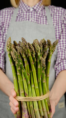 Wall Mural - Fresh green asparagus green bunch in female hands