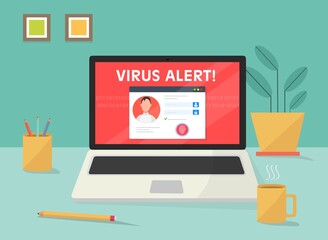 Poster - Avviso di notifica del segnale di avvertimento del teschio sullo schermo del computer portatile - illustrazioni email account id hacker VIRUS ALERT
