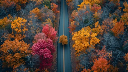 Wall Mural - Fall Foliage from Above: Twisting Road Amidst Colorful Trees, generative ai