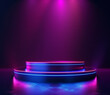 3d style Futuristic Podium mock up for product display in dark background with neon light