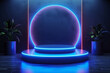 Podium in futuristic 3d style mock up for product display in dark background with neon light