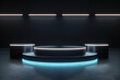 Three podiums in futuristic 3d style mock up for product display in dark background with neon light