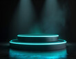 Podium in futuristic 3d style mock up for product display in dark background with neon light