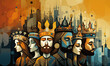 An abstract illustration portrays a regal ensemble of kings, exuding power, majesty, and timeless authority.