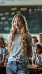 Wall Mural - teenage girl portrait in classroom, kids in the background. ai generated