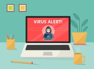 Fototapete - Avviso di notifica del segnale di avvertimento del teschio sullo schermo del computer portatile - illustrazioni email account id hacker VIRUS ALERT