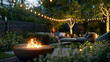 A well-designed backyard with fire pit and string lights at dusk