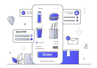 Poster - online food ordering concept illustrated with a smartphone interface, icons for a burger, drinks, an