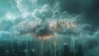 An ethereal, ghostly cloud formation composed of countless floating server nodes, beaming data down to a futuristic megacity below