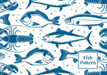 Fish Retro Styled Seamless Pattern. Vector Illustration. Fish Underwater. Blue And White Nautical Design. Fabric, Textile, Wallpaper With Tuna Fish.