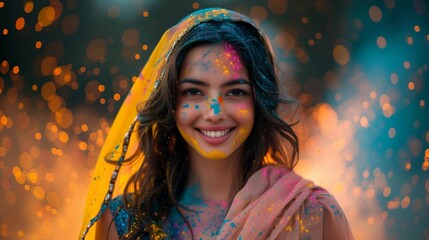 Wall Mural - Joyful Woman Covered in Colorful Powders at Holi Festival, generative ai