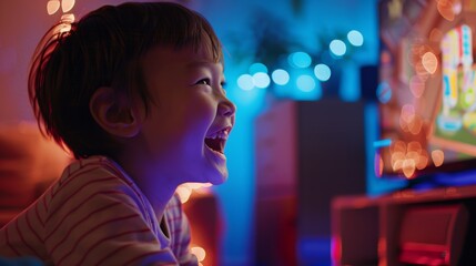 Young kid playing video games at home