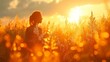 Sun-drenched genetically modified crop field with scientist studying plant, generative ai